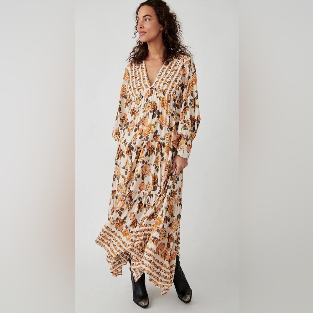 Free People Cream Maxi Dress with Mustard Floral Print